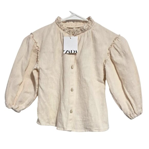 ZARA Girls Blouse Size 3-4 Cream Cotton Puff Sleeve Button Down Top With Ruffle - Picture 1 of 9